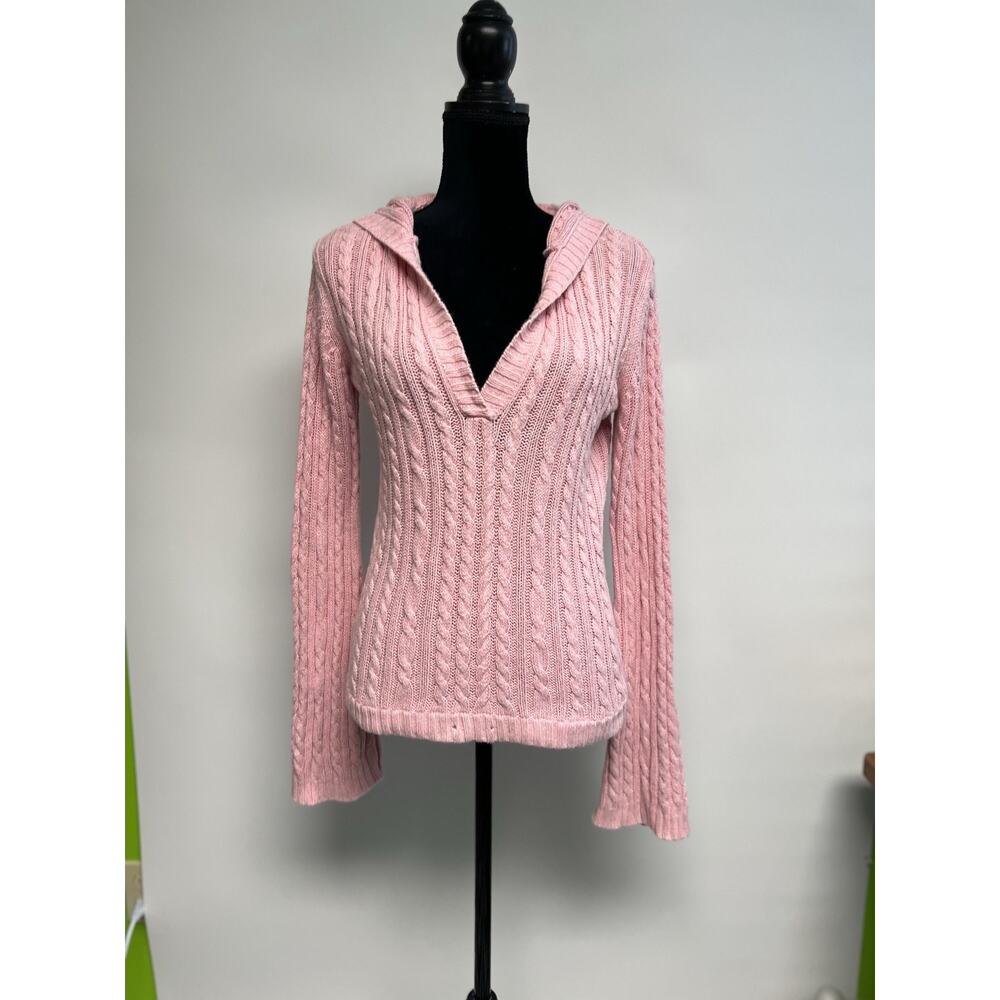 VTG Y2K Cable‎ Knit Sweater L Pink Fitted V Neck Hooded Vampire Diaries Elena